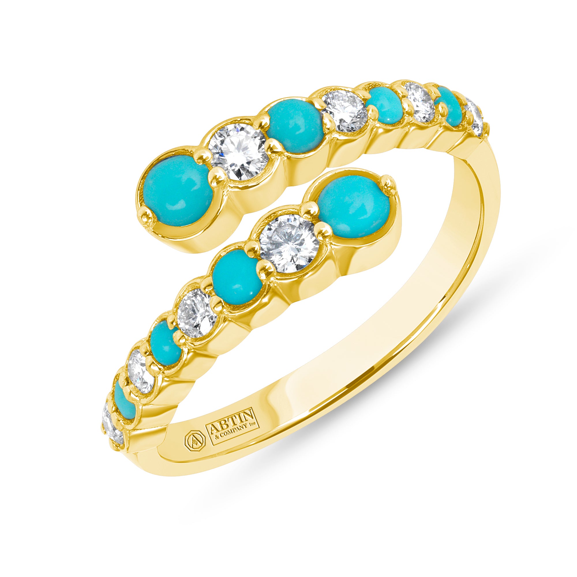 14K Gold Alternate Diamond & Turquoise Bezel Bypass Ring Band,  Rings & Stackable Bands, ABB-619V1Y-TQD, Color Stones, turquoise and diamond bypass ring, Belarino