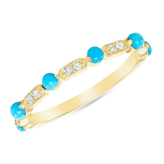 14K Gold Diamond & Turquoise Vintage Deco Stackable Ring - Abtin & Company 