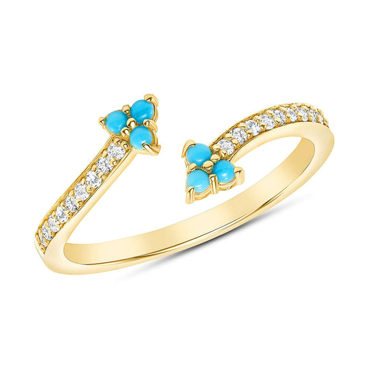 14K Gold Diamond and Turquoise Clover Bypass Ring - Abtin & Company 