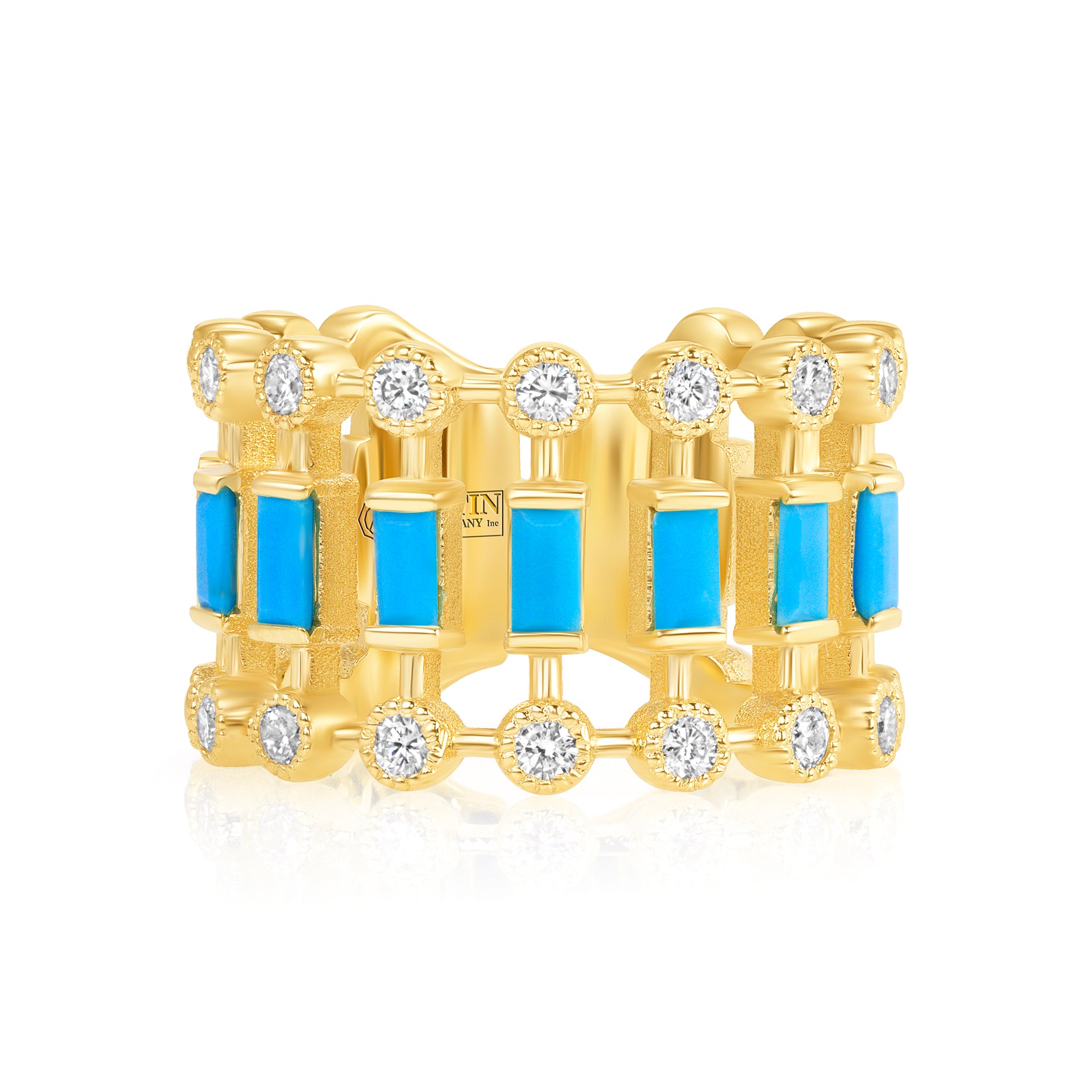 14K Yellow Gold Diamond & Turquoise Lace Cigar Ring - Abtin & Company 