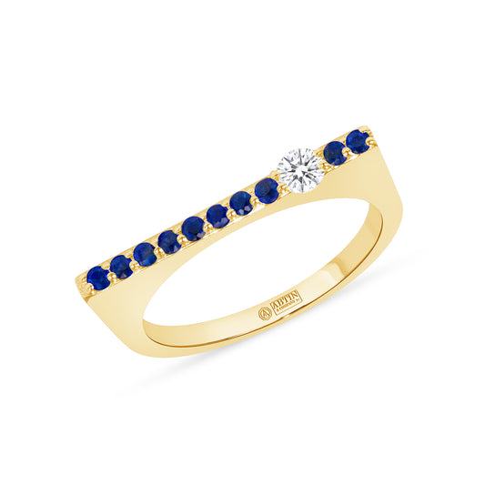 14K Yellow Gold Blue Sapphire And Diamond Stacking Bar Ring - Abtin & Company 