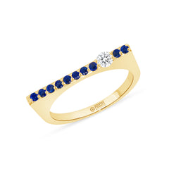 14K Yellow Gold Blue Sapphire And Diamond Bar Ring/Stacking Bar Ring