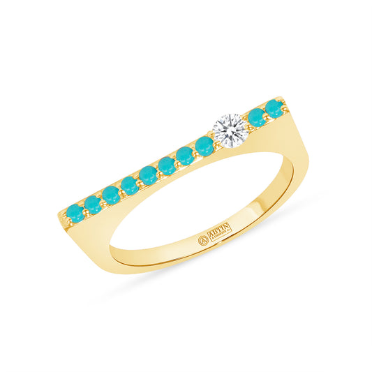 14K Yellow Gold Turquoise And Diamond Stacking Bar Ring - Abtin & Company 