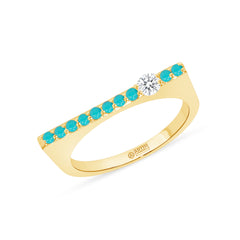 14K Yellow Gold Turquoise And Diamond Bar Ring/Stacking Bar Ring