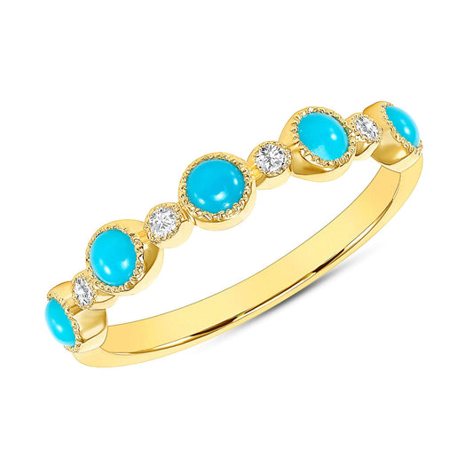 14k Alternate Diamond and Turquoise Bezel Set Stackable Ring Band - Abtin & Company 