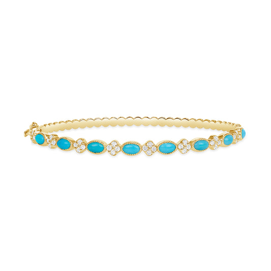 14K Gold Alternate Diamond Clover & Turquoise Bangle - Abtin & Company 