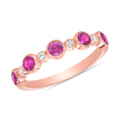 14K Rose Gold Alternating Diamond & Pink Sapphire Bezel-Set Ring/Color-stone Stacking Band/Diamond & Pink Sapphire Wedding Band