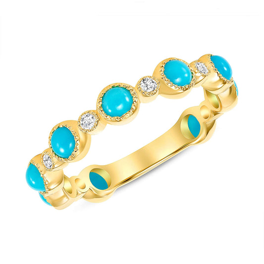 14K Gold Alternate Diamond and Turquoise Bezel Set Stacking Ring - Abtin & Company 