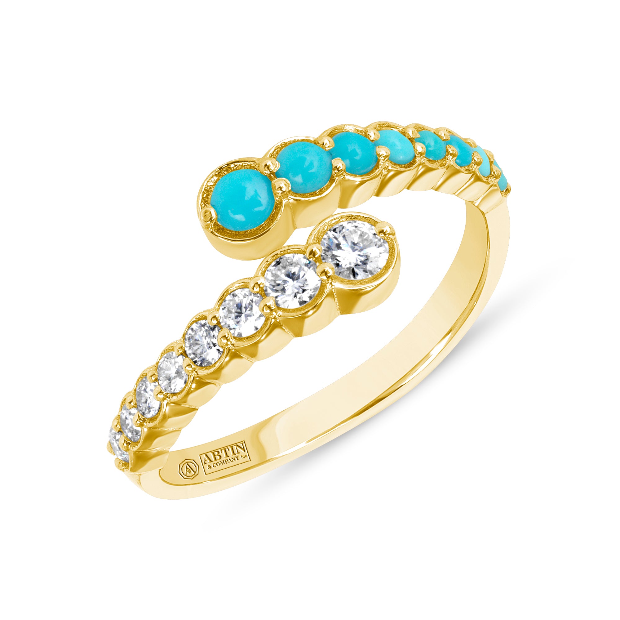 14K Gold Diamond & Turquoise Bezel Bypass Ring Band,  Color Stones, ABB-619V2Y-TQD, Color Stones, turquoise and diamond bypass ring, turquoise and diamond stacking ring, Belarino