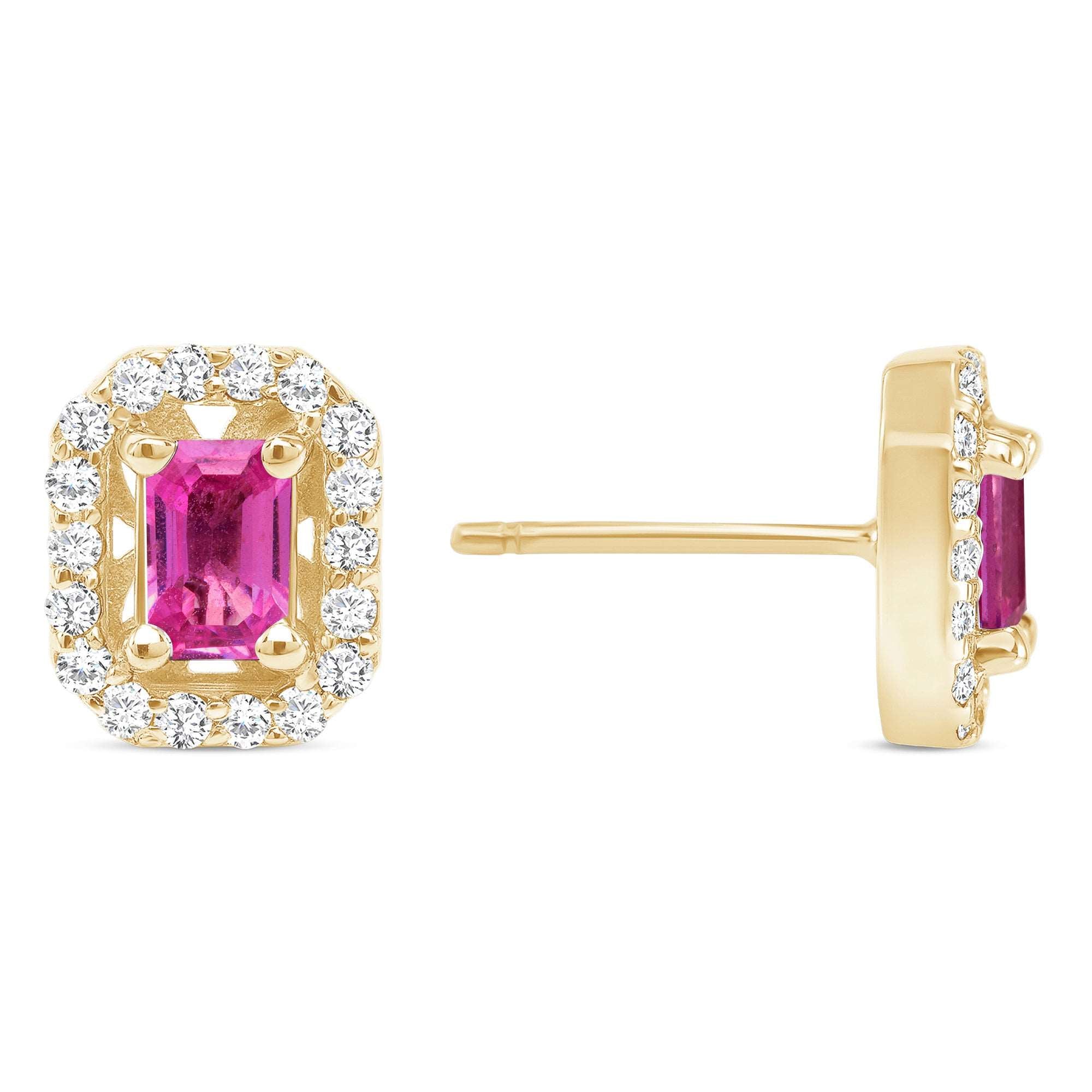 14K Gold Diamond & Pink Sapphire Halo Stud Earrings - Abtin & Company 