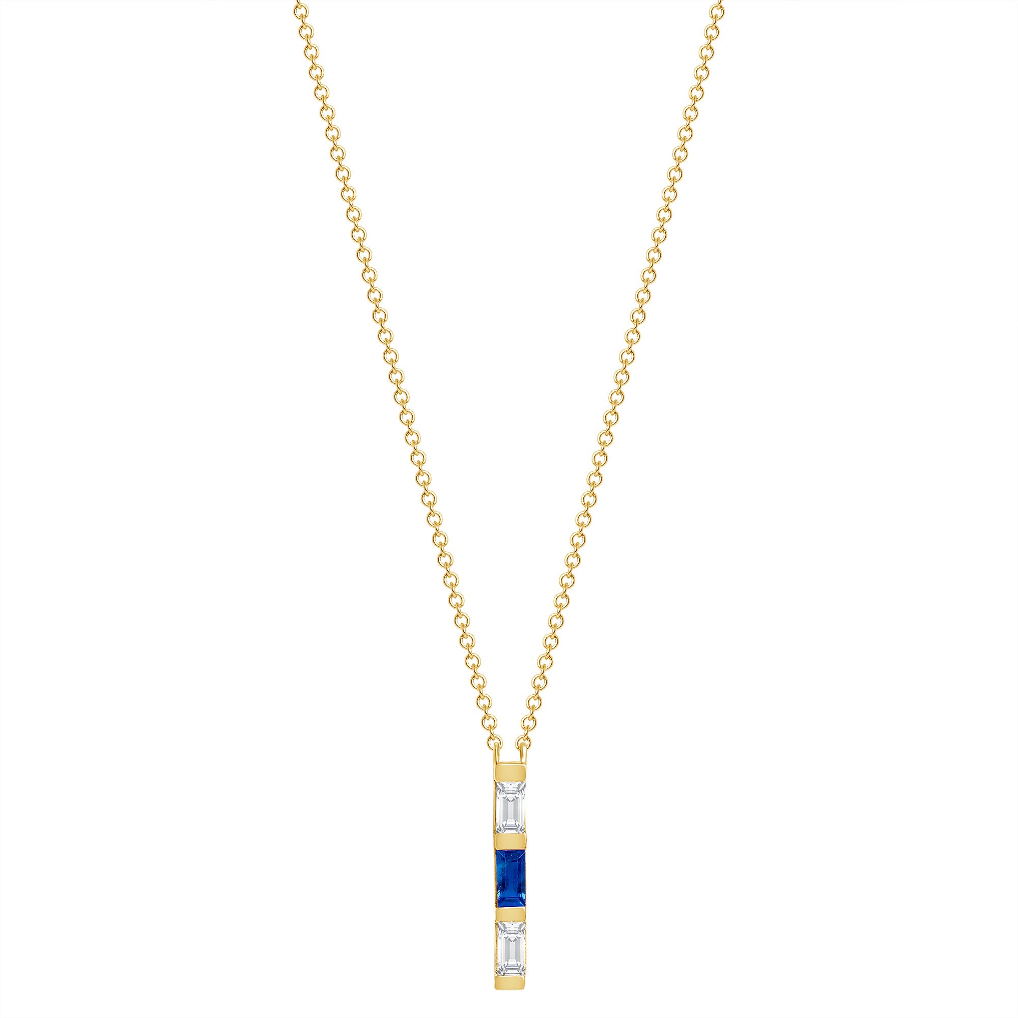 14K Yellow Gold Baguette Blue Sapphire & Diamond Bar Pendant,  Pendant, ABP-193.1V1Y-BSD, blue sapphire and diamond pendant, blue sapphire bar pendant, Belarino