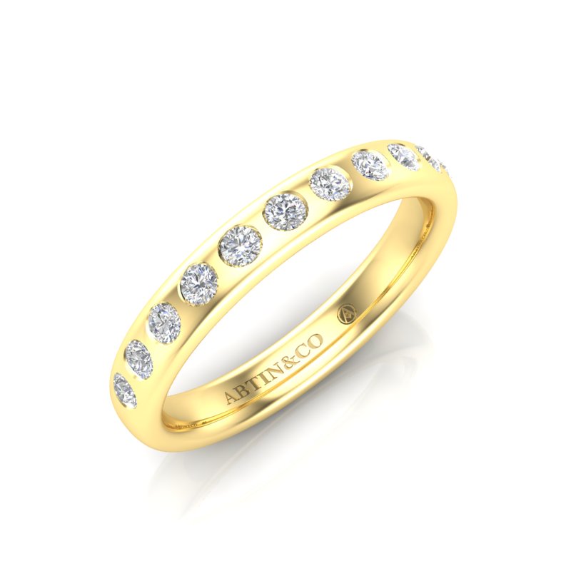 14K Gold Flush Set Bezel Halfway Diamond Wedding Band Stacking Ring - Abtin & Company 