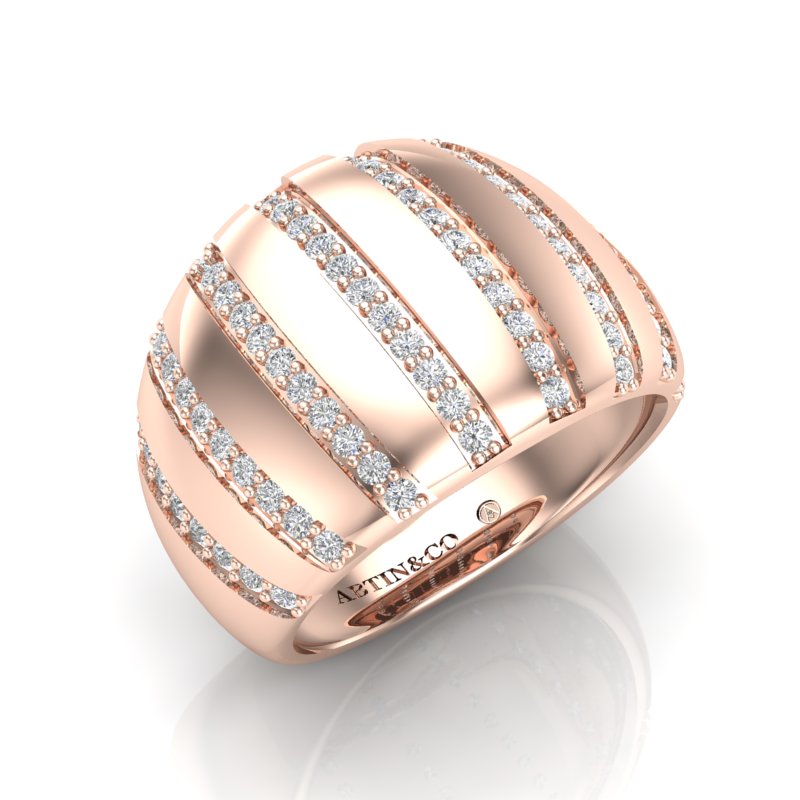 14K Yellow Gold Fancy Eight Rows Diamond Stripe Dome Ring Band - Abtin & Company 