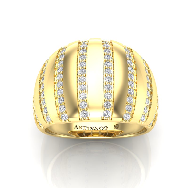 14K Yellow Gold Fancy Eight Rows Diamond Stripe Dome Ring Band - Abtin & Company 