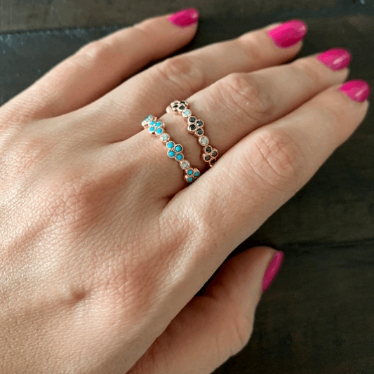 14K Gold Diamond & Turquoise Flower Ring/Stackable Band - Abtin & Company 