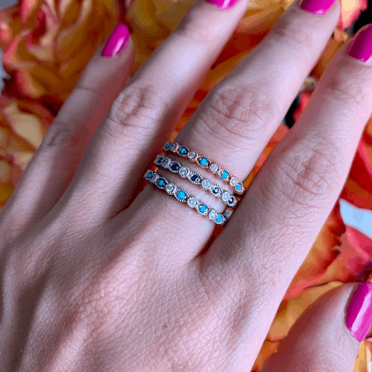 14K Diamond and Turquoise Milgrain vintage Stacking ring - Abtin & Company 