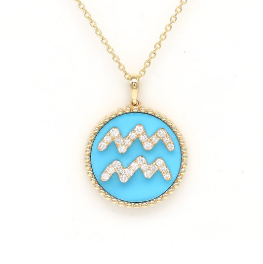 14K Gold turquoise & Diamond Aquarius Zodiac Medallion