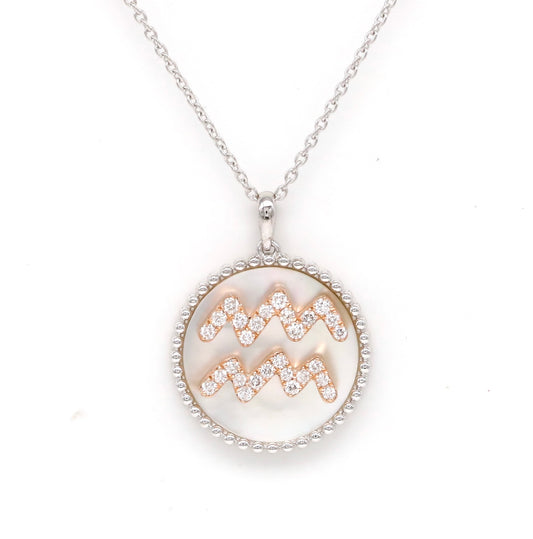 14K Gold White Mother Of Pearl & Diamond Aquarius Zodiac Medallion