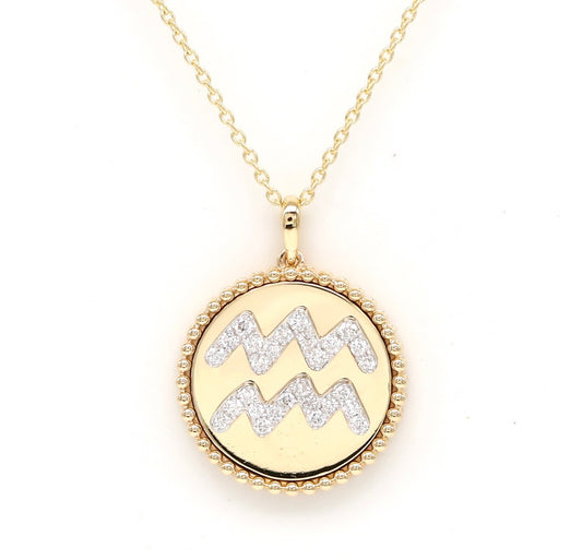 14K Yellow Gold Diamond Aquarius Zodiac Medallion