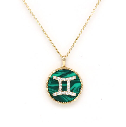 14K Gold Malachite & Diamond Gemini Zodiac Medallion