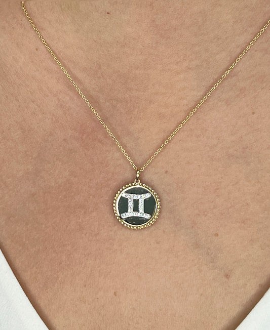 14K Gold Lapis & Diamond Gemini Zodiac Medallion