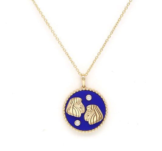 14K Gold Lapis & Diamond Gemini Horoscope Medallion