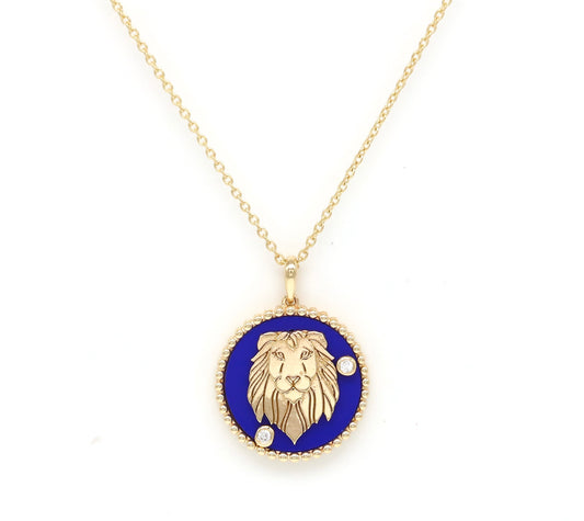 14K Gold Lapis & Diamond Leo Horoscope Medallion