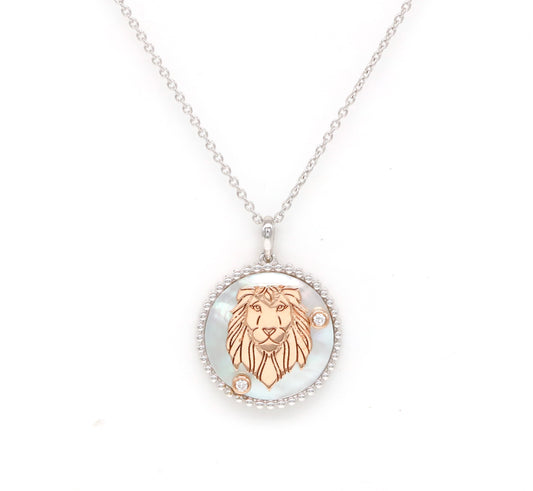 14K Two-toned Gold White Mother of Pearl & Diamond Leo Horoscope Medallion