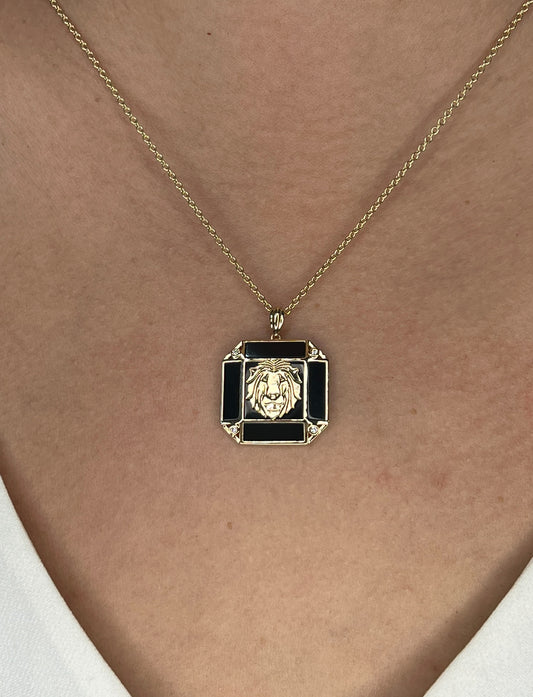 14K Gold & Diamond Leo Horoscope Square Pendant Necklace