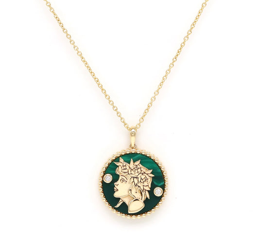 14K Gold Malachite & Diamond Virgo Horoscope Medallion