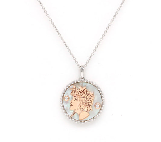 14K Two-toned Gold White Mother of Pearl & Diamond Virgo Horoscope Medallion