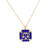 14K Gold Lapis & Diamond Libra Horoscope Square Pendant Necklace