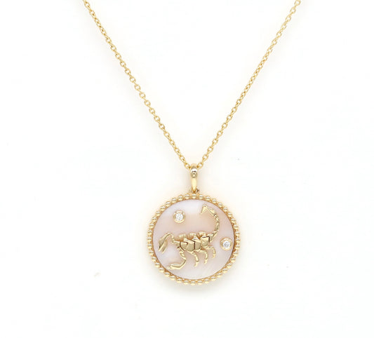 14K Gold Pink Mother of Pearl & Diamond Scorpio Horoscope Medallion