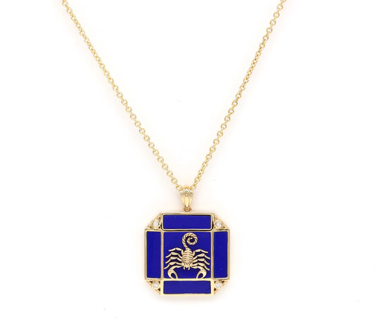 14K Gold Lapis & Diamond Scorpio Horoscope Square Pendant Necklace