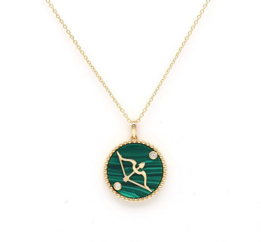 14K Gold Malachite & Diamond Sagittarius Horoscope Medallion