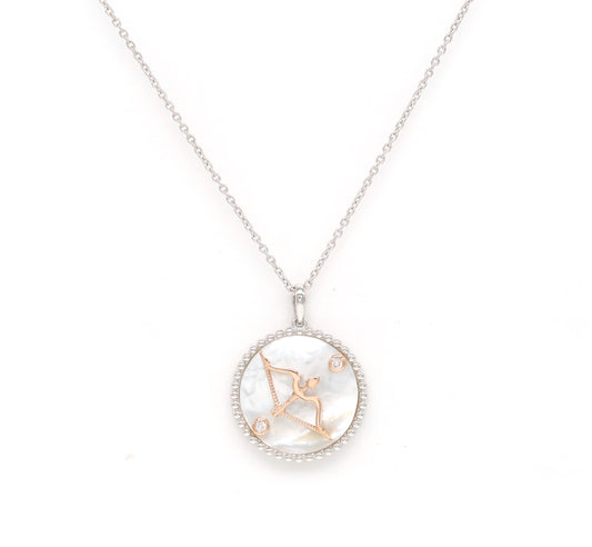 14K Two-toned Gold White Mother of Pearl & Diamond Sagittarius Horoscope Medallion