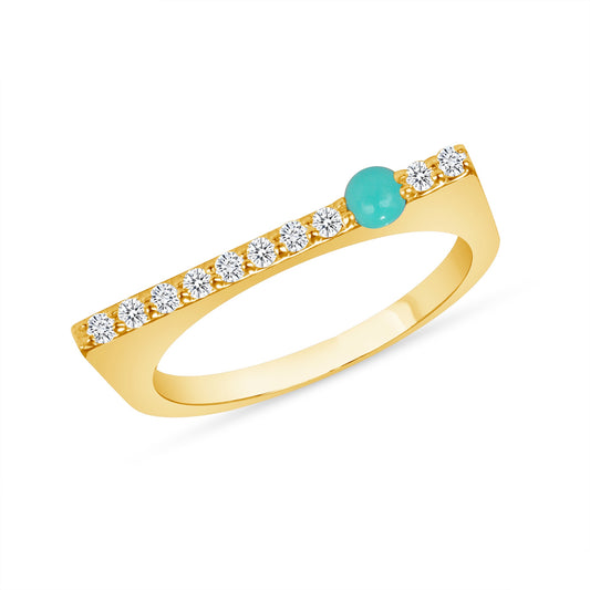 14K Gold Modern Dainty Bar Diamond & Turquoise Stackable Ring - Abtin & Company 