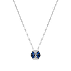 14k White Gold Hexagon Diamond & Blue Sapphire Necklace