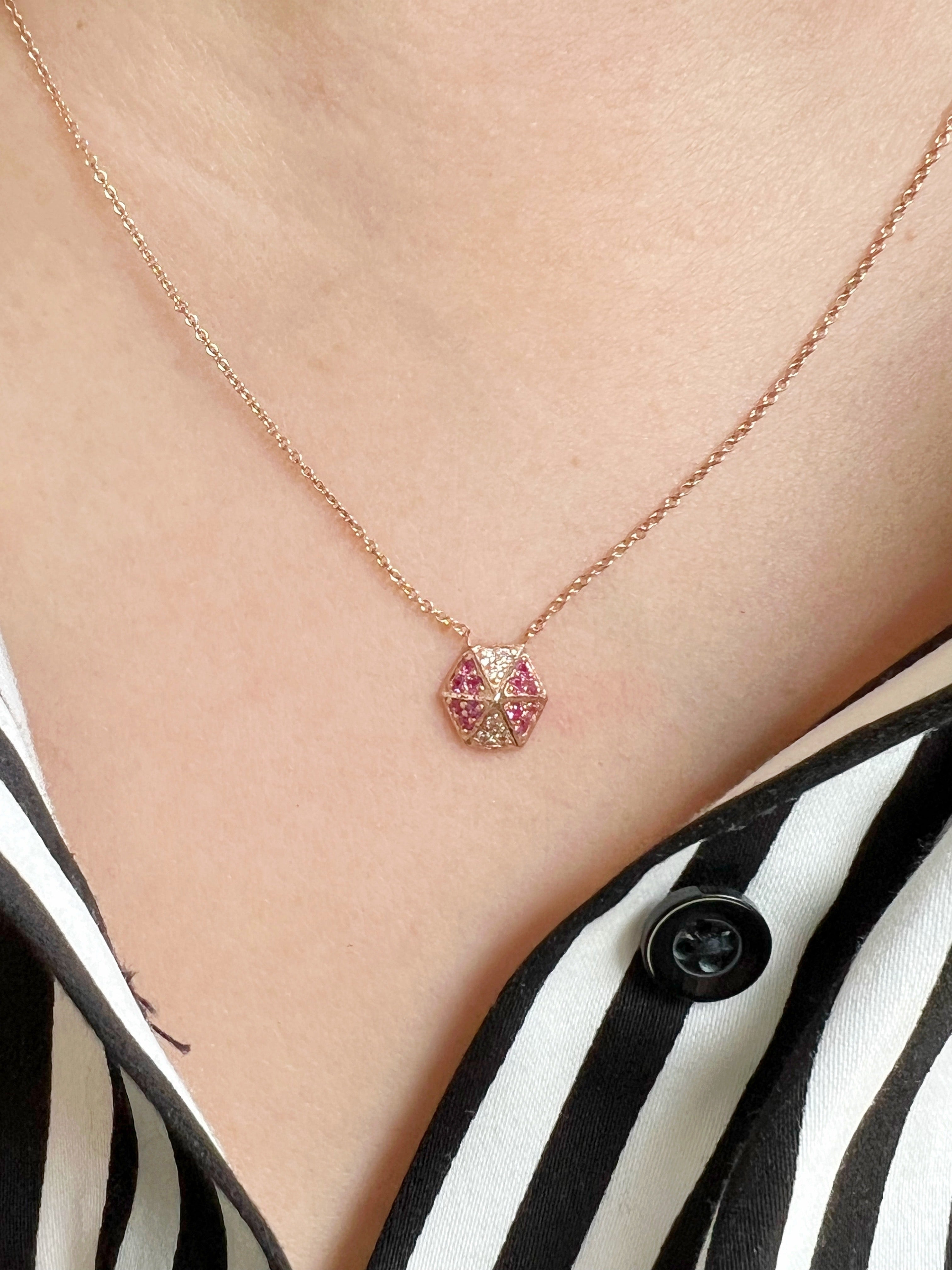 14K Rose Gold Hexagon Diamond & Pink Sapphire Necklace - Abtin & Company 