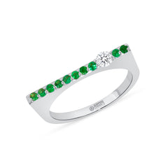 14K White Gold Emerald And Diamond Bar Ring/Stacking Bar Ring