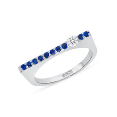 14K White Gold Blue Sapphire And Diamond Bar Ring/Stacking Bar Ring