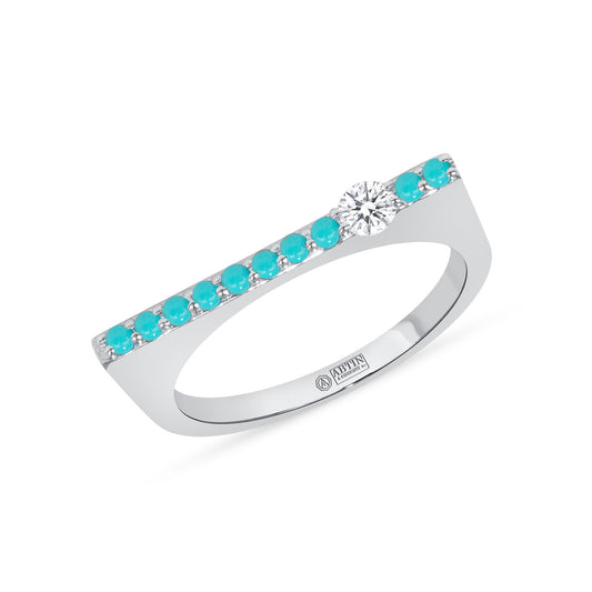 14K White Gold Turquoise and Diamond Stacking Bar Ring - Abtin & Company 