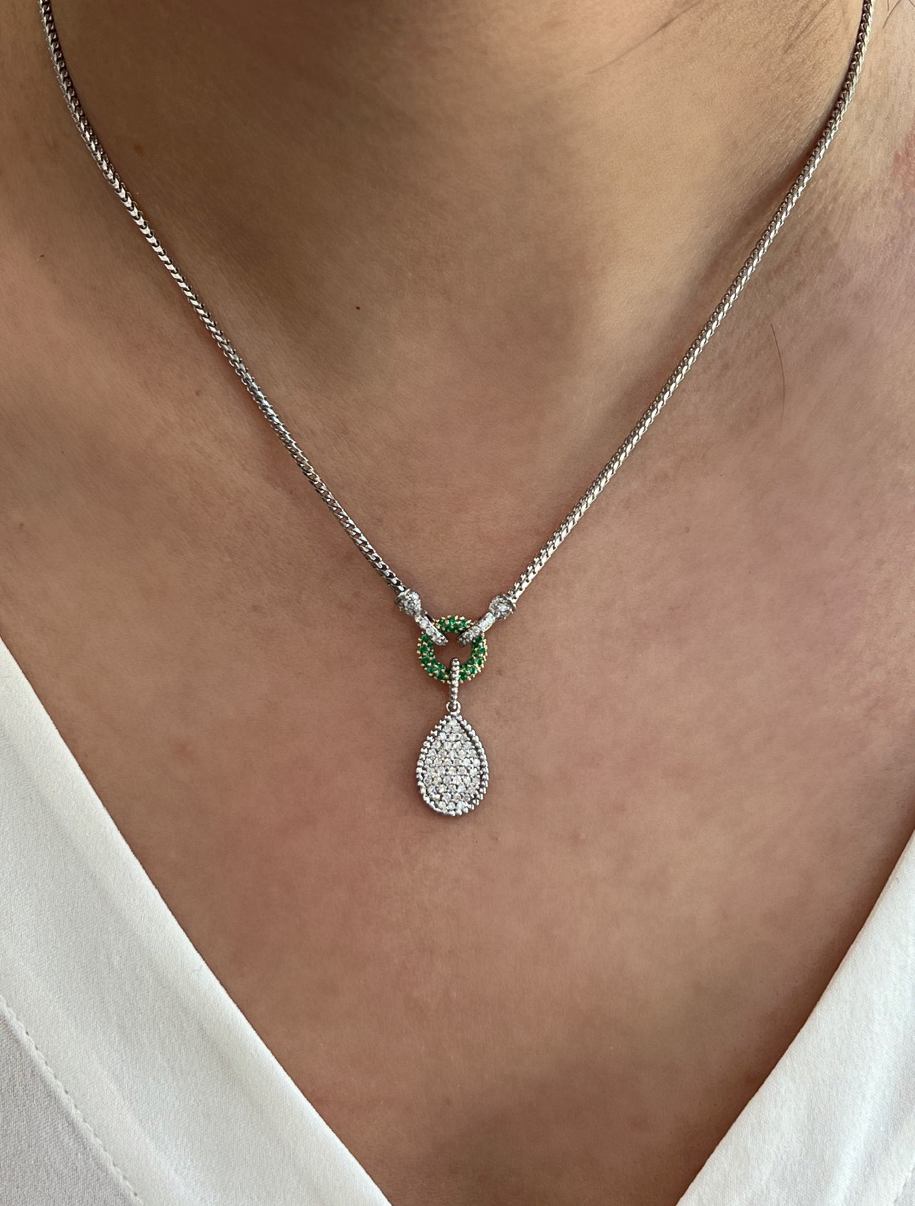 14K White Gold Pave Diamond & Emerald Tear-Drop Shape Drop Pendant - Abtin & Company 