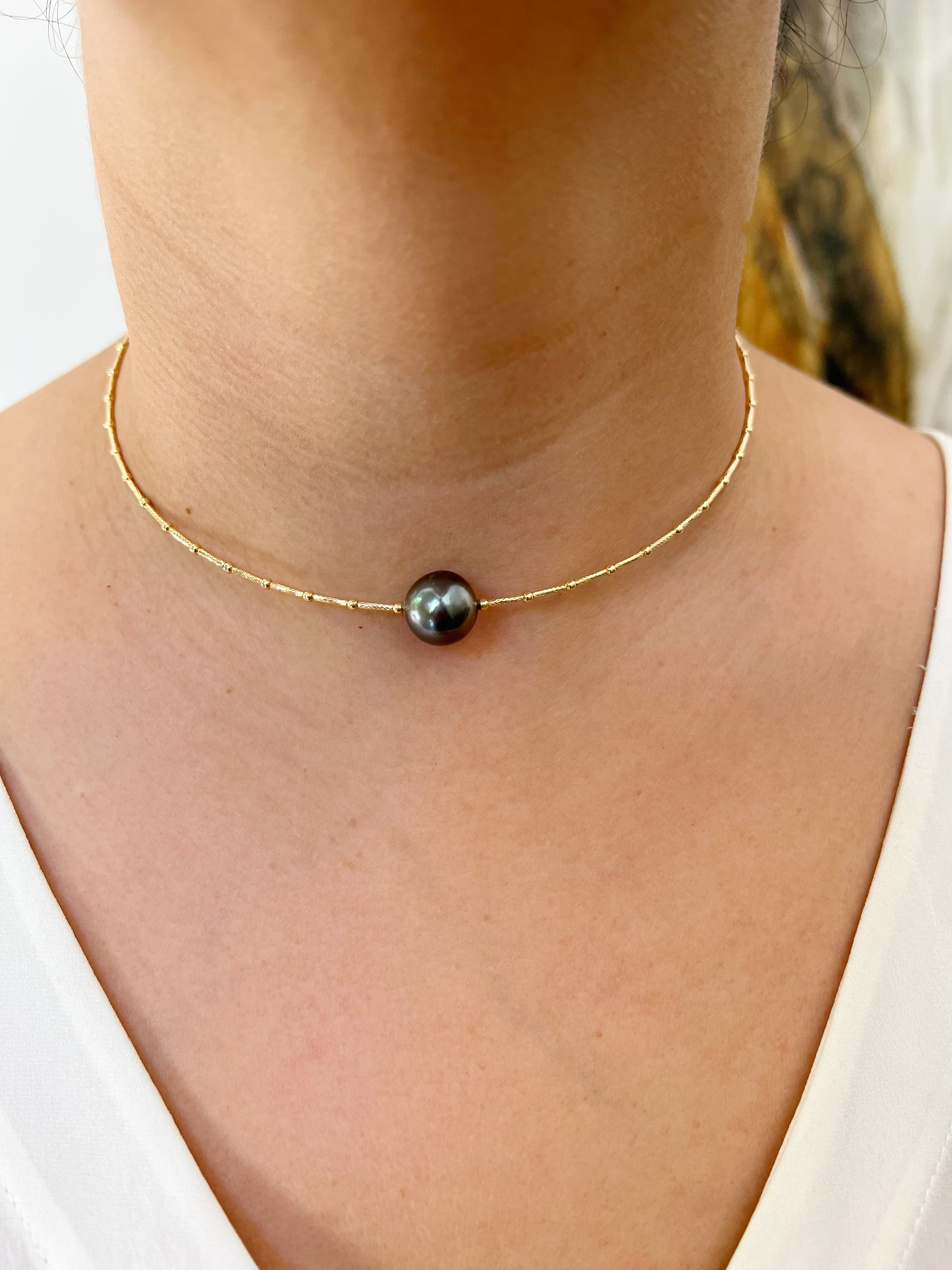 18K Gold Black Pearl Choker Necklace - Abtin & Company 