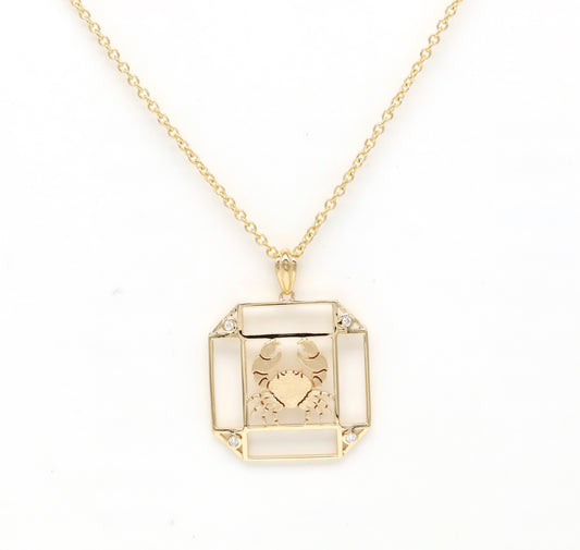 14K Gold & Diamond Cancer Horoscope Square Pendant Necklace