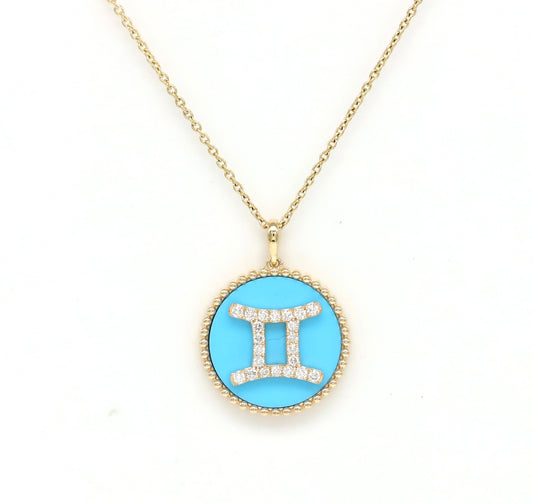 14K Gold Turquoise & Diamond Gemini Zodiac Medallion