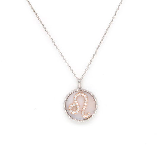 14K Gold Pink Mother of Pearl & Diamond Leo Zodiac Medallion