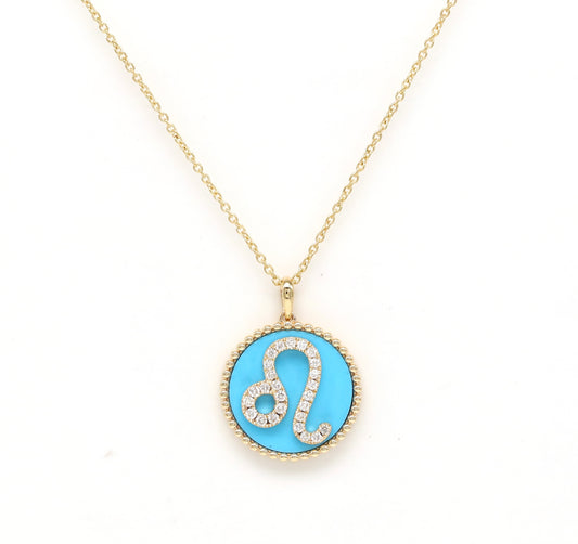 14K Gold Turquoise & Diamond Leo Zodiac Medallion