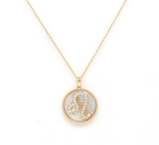 14K Gold White Mother of Pearl & Diamond Leo Zodiac Medallion