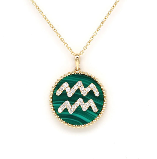 14K Gold Malachite & Diamond Aquarius Zodiac Medallion